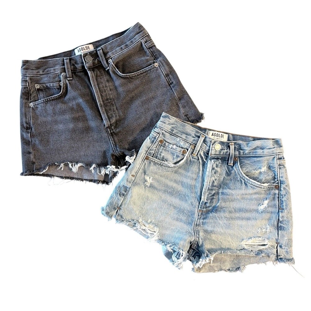 Lot Of 2 AGOLDE Denim Shorts Size 24 Distressed Raw Hem Blue + Faded Black